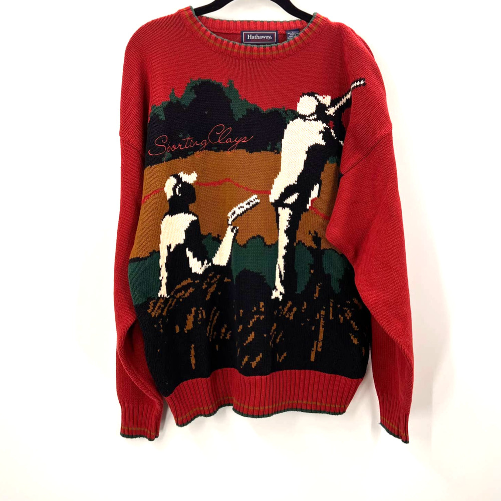 Vintage Red Crewneck Sweater with Hunting Scene
